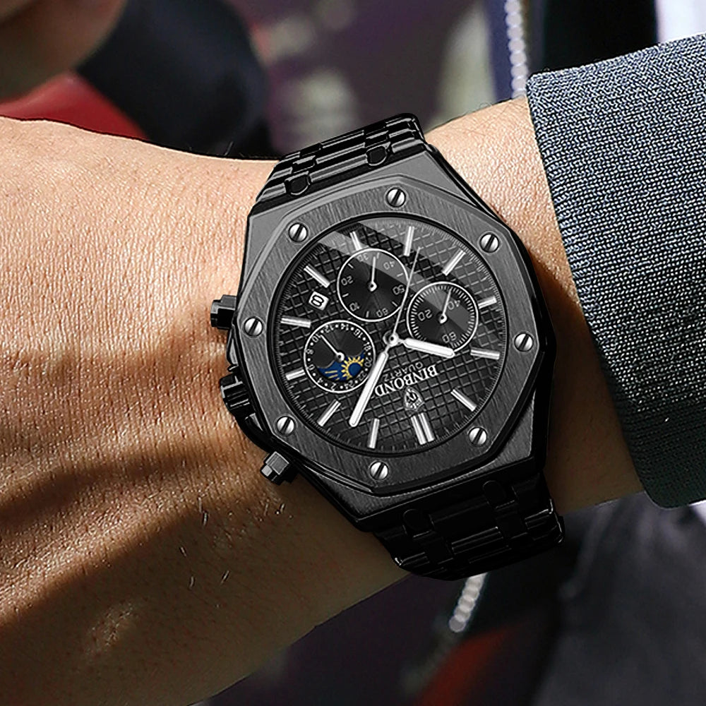 Montre-bracelet à quartz de luxe BINBOND, lumineuse, étanche, chronographe avec date automatique, montre pour homme, montre de sport et d'affaires.
