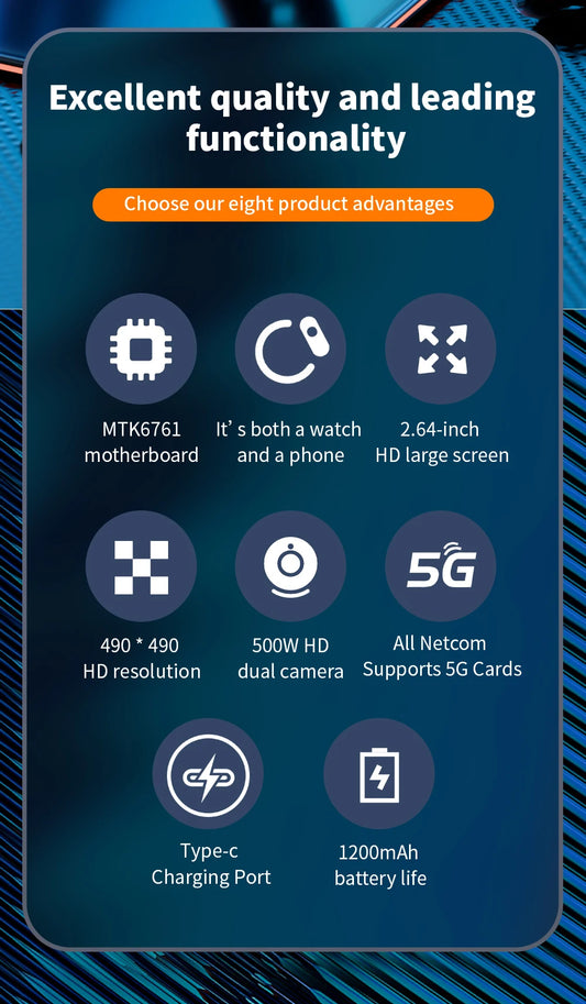 Ceas inteligent multilingv Domars Full Netcom, ecran mare de 2,64 inci, baterie mare de 1200 mAh, apel video, descărcare aplicație