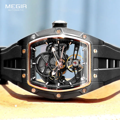 Orologio da polso automatico MEGIR da uomo, fashion, cinturino in silicone nero, impermeabile, luminoso, sportivo, meccanico, con quadrante tonneau 2242