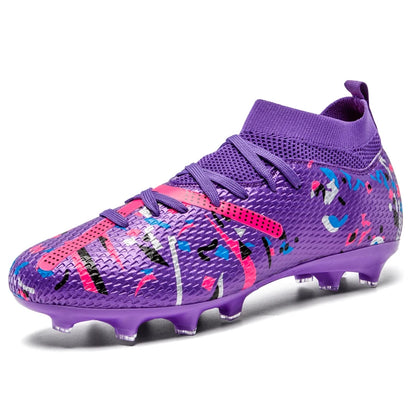 Chaussures de football mi-hautes FG pour terrain ferme, empeigne texturée imprimée graffiti, bottes de football à lacets, crampons durs transparents professionnels