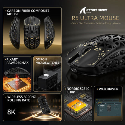 Bezdrátová herní myš ATTACK SHARK R5 Ultra Carbon Fiber, herní senzor PixArt PAW3950MAX, 42000DPI, 8000Hz, MCU Nordic 52840