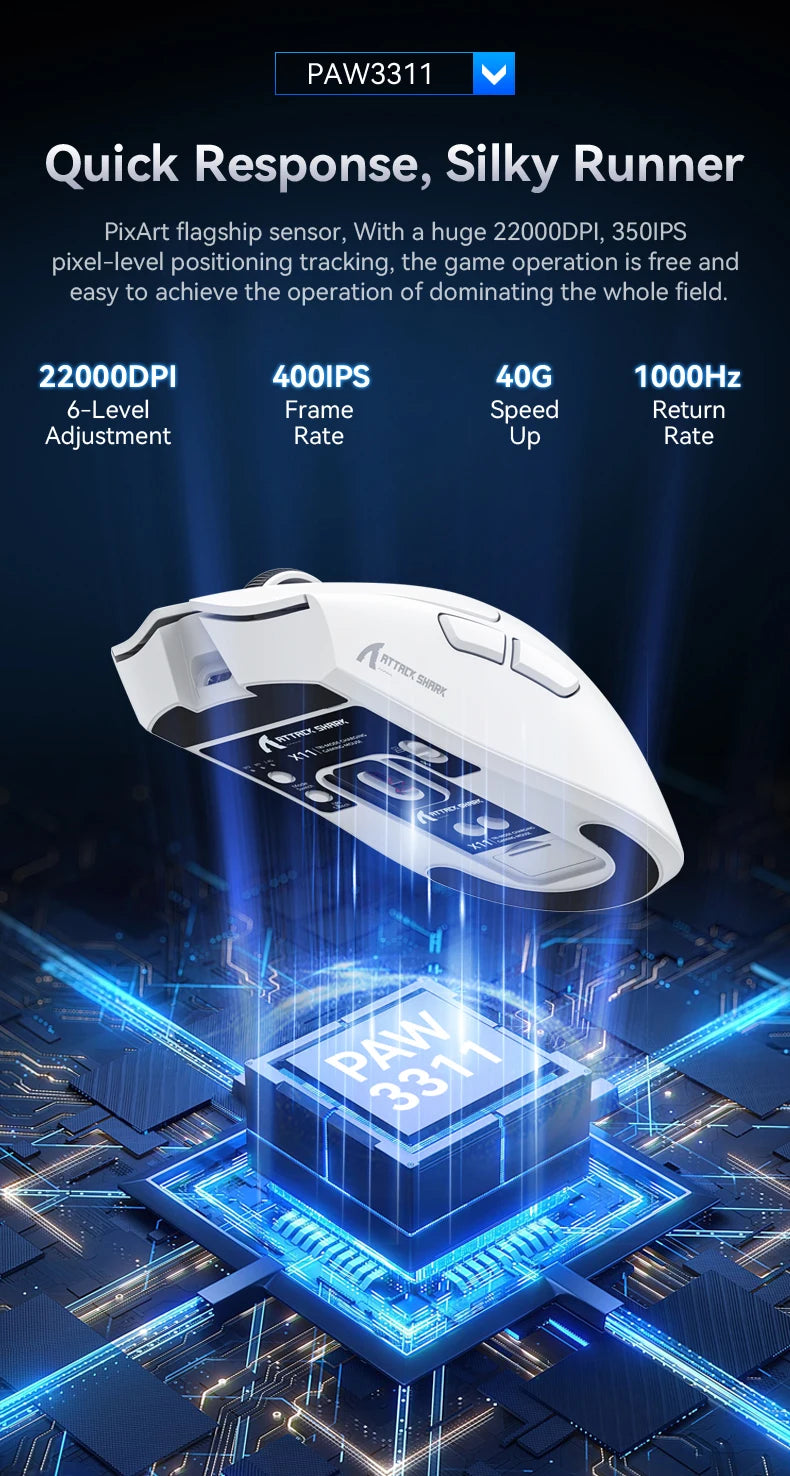 ATTACK SHARK X11 trijų režimų lengva žaidimų pelė su PAW3311, 22000DPI, 400IPS, 40G, 59g, magnetiniu greituoju įkrovimu ir RGB apšvietimu