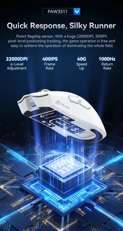 ATTACK SHARK X11 trijų režimų lengva žaidimų pelė su PAW3311, 22000DPI, 400IPS, 40G, 59g, magnetiniu greituoju įkrovimu ir RGB apšvietimu
