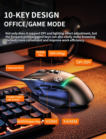 Wired Mouse RGB Lights 10 Keys Macro Programming Gaming Chip 12800DPI Ergonomic Design Medium-Large Hand Gaming Mouse GK502