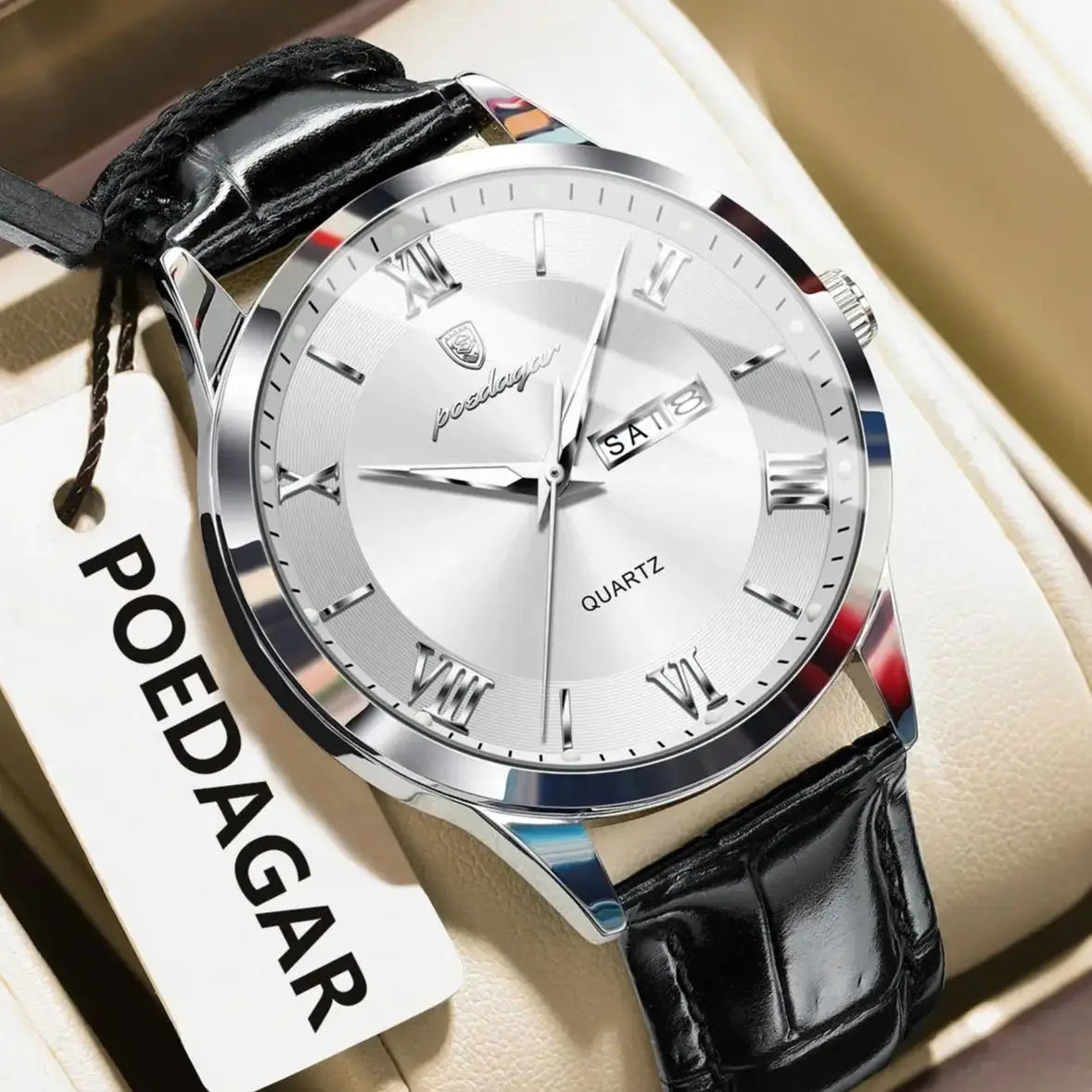 Montre homme tendance POEDAGAR, bracelet en cuir, date et semaine, montre à quartz de luxe, étanche, lumineuse, style business décontracté.