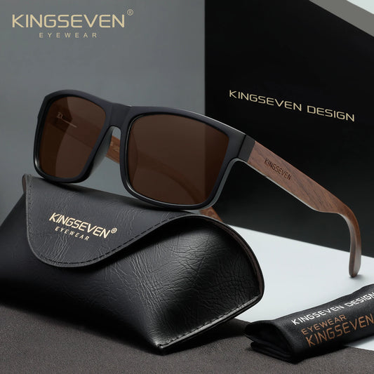 KINGSEVEN Fashion Sunglasses Wooden Men Women Round Fashion Eyewear Polarized UV400 Male Large Frame Retro Glasses