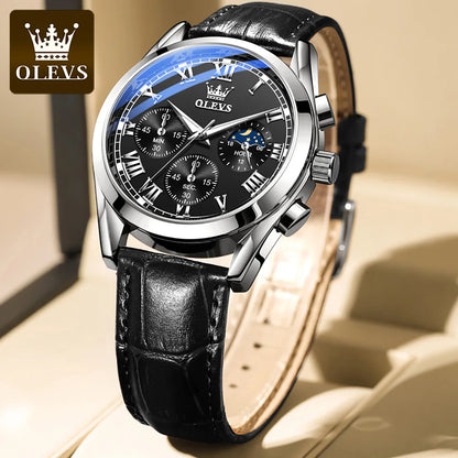 Montre à quartz pour homme OLEVS 2871 – Modèle de grande marque, étanche, style business, avec affichage des phases de lune, aiguilles luminescentes et bracelet en cuir.