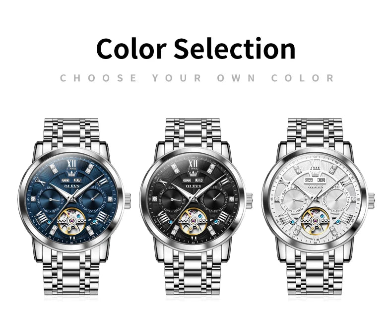 OLEVS Men's Watches Skeketon Flywheel Automatic Mechanical Original Wristwatch for Man Waterproof Luminous Perpetual Calendar