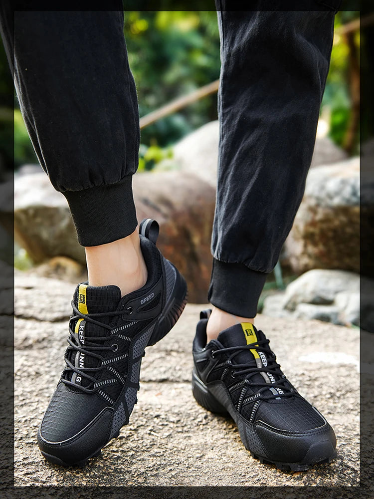 Męskie buty trekkingowe — terenowe buty sportowe outdoor, oddychająca siateczka, antypoślizgowe i odporne na zużycie, do wędrówek i jazdy na rowerze na zewnątrz