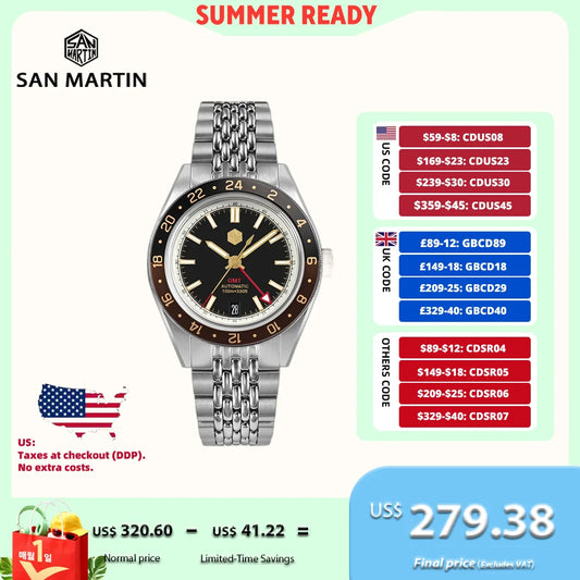 San Martin 39.5mm Limited Edition Full Lume Dial Automatic Mens Watch NH34 GMT 6H Date 10Bar Luxury Kol Saati SN0116W
