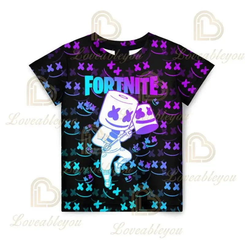 Camiseta infantil de verano Cartoon Fortnite con estampado 3D, para niños y niñas, streetwear para adultos y niños, camiseta divertida de cuello redondo