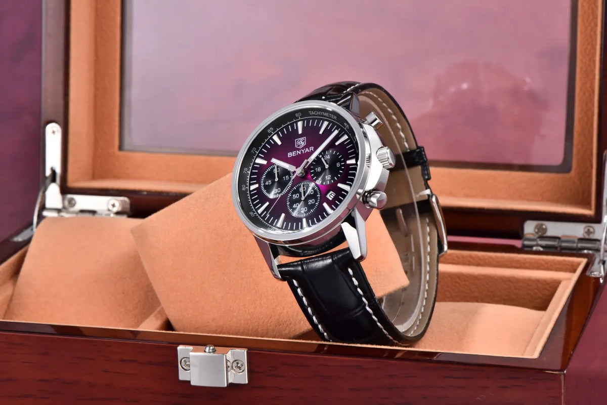 Montre de luxe pour homme Benyar – Chronographe avec date, bracelet en cuir, étanche, luminescente, style sportif et militaire, montre à quartz