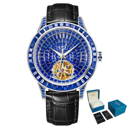 PINDU Design Mechanical Watch Men Fashion Luxury Diamond Watch For Men Waterproof Stainless Steel Leather Men Wristwatches