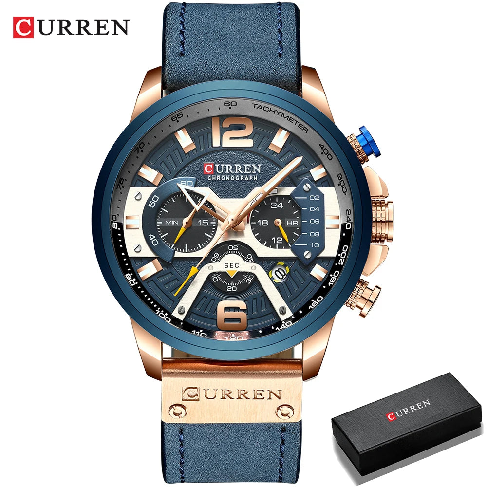 Montre pour homme CURREN 8329 – Style sport décontracté, design militaire, bracelet en cuir, chronographe tendance, montre de luxe de grande marque