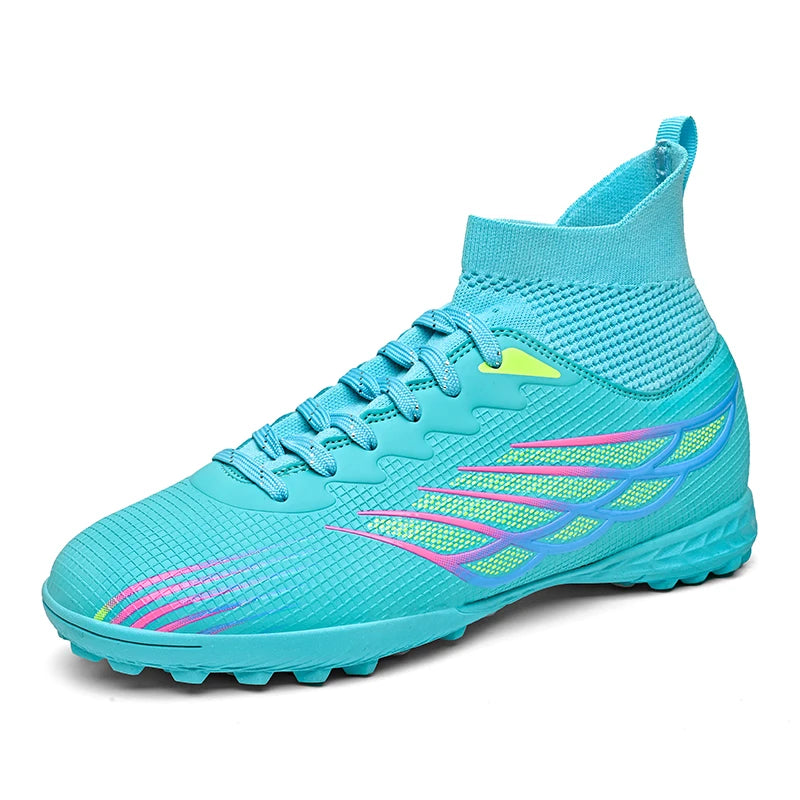 Chaussures de football à crampons TF pour terrain synthétique, modèle à tige haute et coupe ajustée, chaussures de football à lacets avec empeigne respirante en tissu, semelle en caoutchouc antidérapante et durable, ch