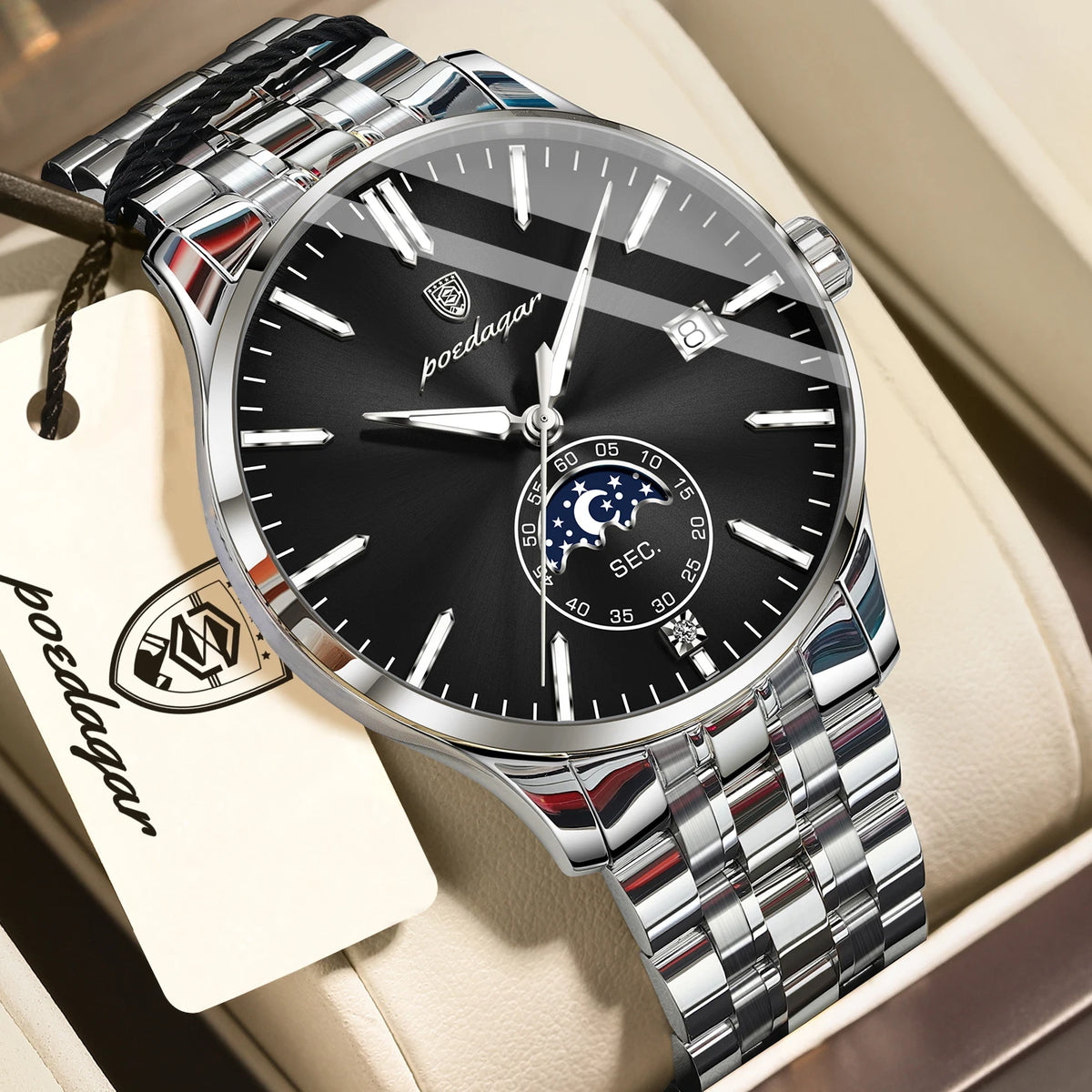 Montre homme de luxe POEDAGAR, style décontracté, en acier inoxydable, à quartz, étanche, lumineuse, avec date, élégante.