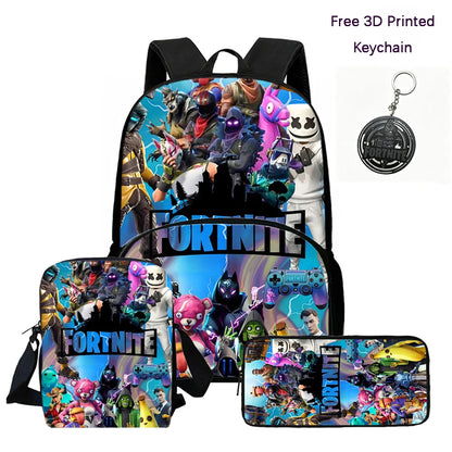 FORTNITE 3Pcs Lightweight Backpack With Front Pocket,Crossbody Bag&Pencil Case For Age 6-10 Boys Girls,Free 3D Printed Keychain