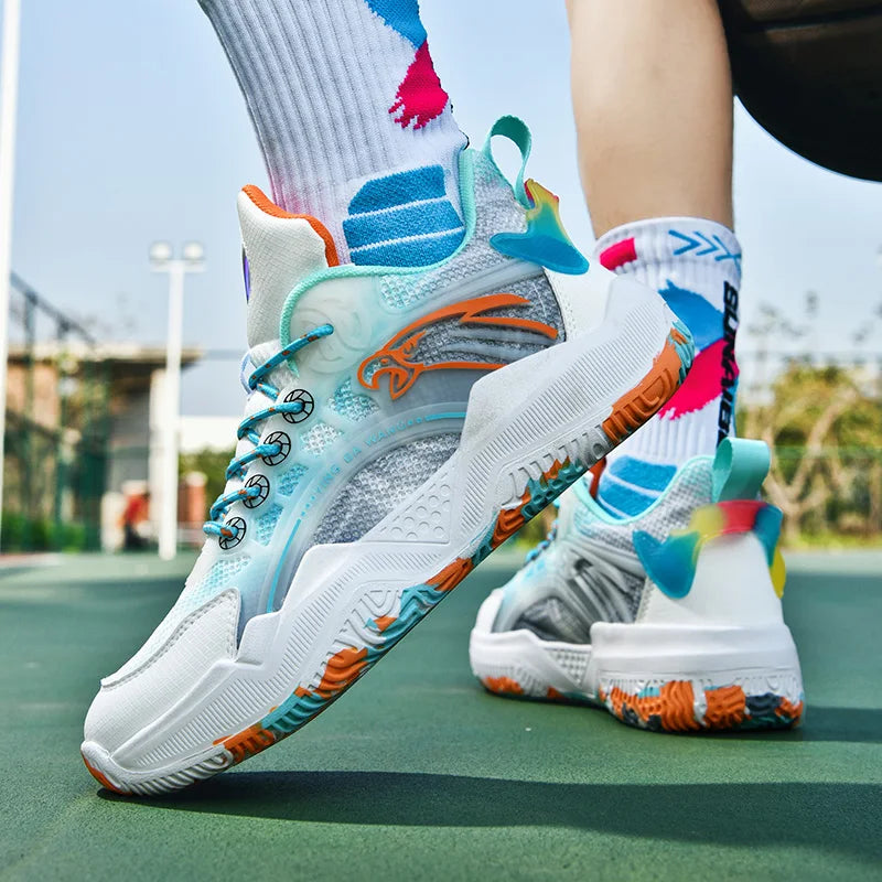 Chaussures de basket-ball unisexes, chaussures d'entraînement de compétition en plein air en maille tendance, bottes de basket-ball plates antidérapantes à rebond pour hommes
