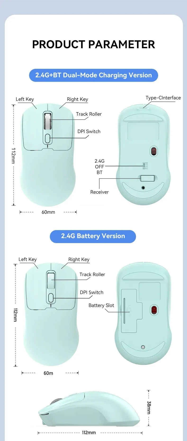 Bluetooth 5.4 Mouse 2.4G Wireless Mouse Dual Mode Slient Mouse Rechargeable Gaming Mouse Mice for PC Computer Laptop Macbook