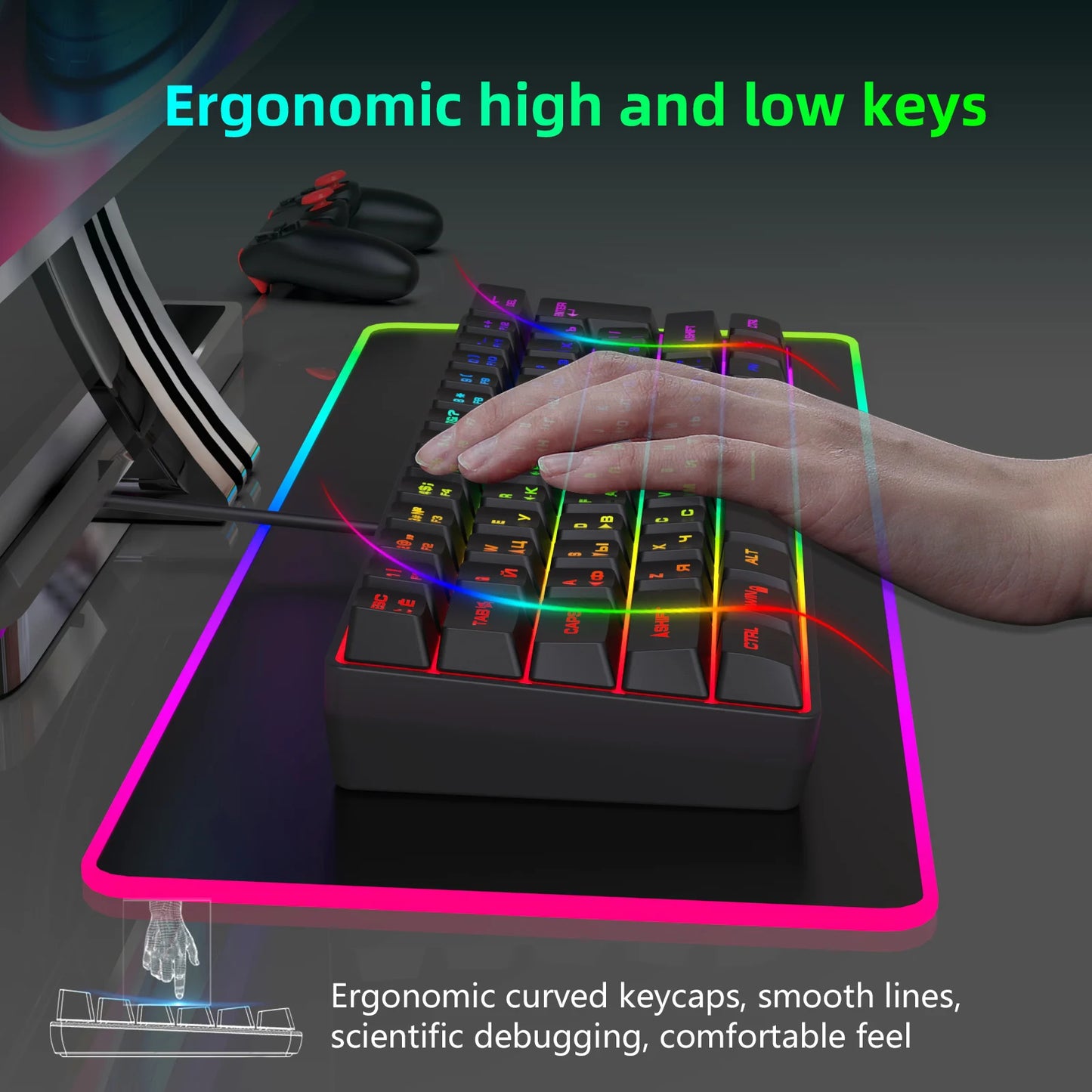 Tastiera da gaming, tastiera ultra-compatta a 61 tasti con retroilluminazione RGB russo/inglese, tastiera da ufficio impermeabile con sensazione meccanica per il gaming