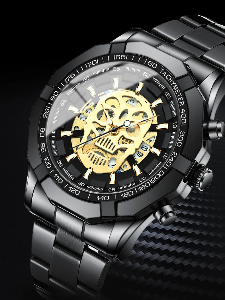 BINBOND-polshorloge voor heren, met skelet-schedelmotief, nauwkeurig quartz-uurwerk, luxueus, verlicht, waterdicht, met automatische datumweergave, robuust.