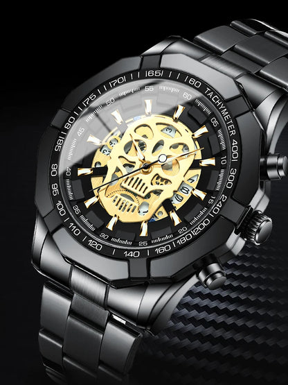 BINBOND-polshorloge voor heren, met skelet-schedelmotief, nauwkeurig quartz-uurwerk, luxueus, verlicht, waterdicht, met automatische datumweergave, robuust.