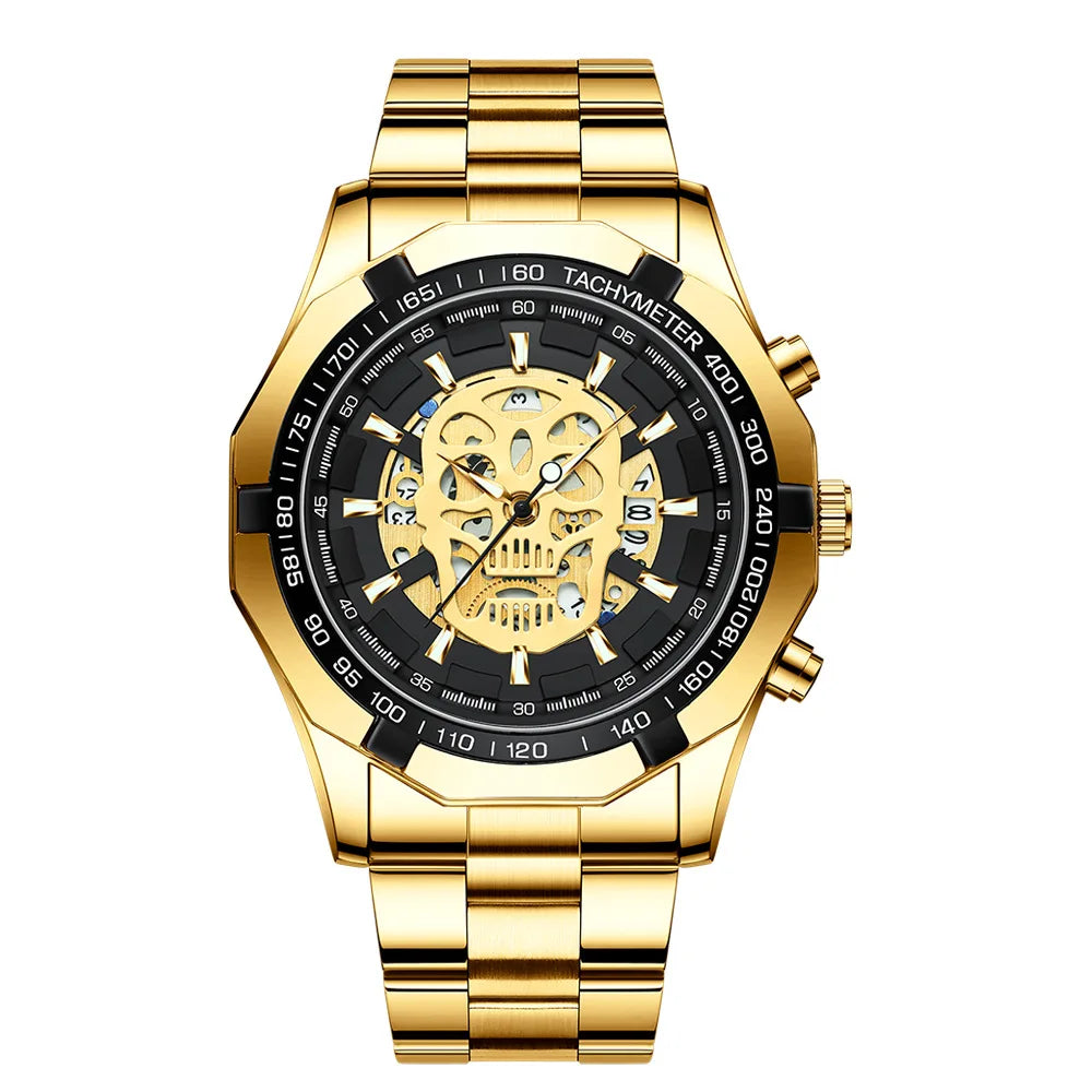 BINBOND-polshorloge voor heren, met skelet-schedelmotief, nauwkeurig quartz-uurwerk, luxueus, verlicht, waterdicht, met automatische datumweergave, robuust.
