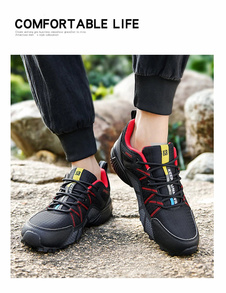 Męskie buty trekkingowe — terenowe buty sportowe outdoor, oddychająca siateczka, antypoślizgowe i odporne na zużycie, do wędrówek i jazdy na rowerze na zewnątrz