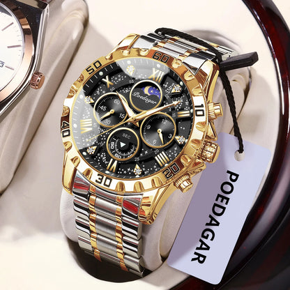 Montre homme de luxe POEDAGAR, étanche, lumineuse, en acier inoxydable, à quartz, chronographe, style militaire.
