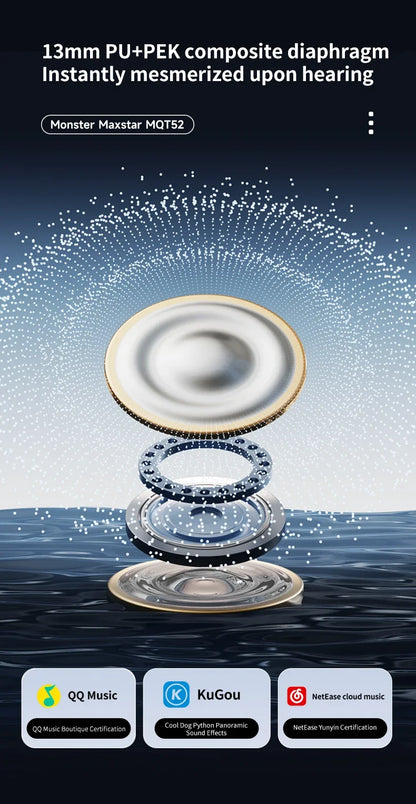 New Monster MQT52 TWS Wireless Gaming Headset Bluetooth 5.4 HIFI Stereo Music Earphones Talking Noise Canceling Earbuds