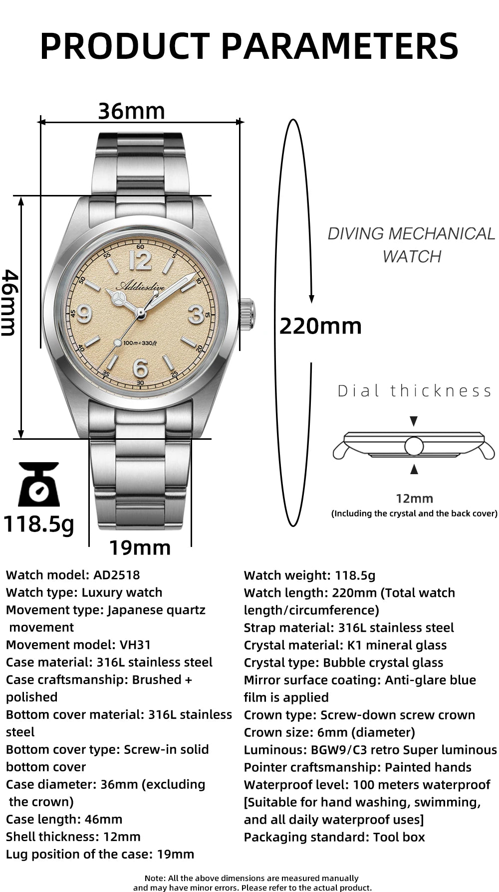 ADDIESDIVE 36mm Orologio da uomo in offerta AD2518, vetro bombato, acciaio inox 316L, impermeabile 100m, al quarzo