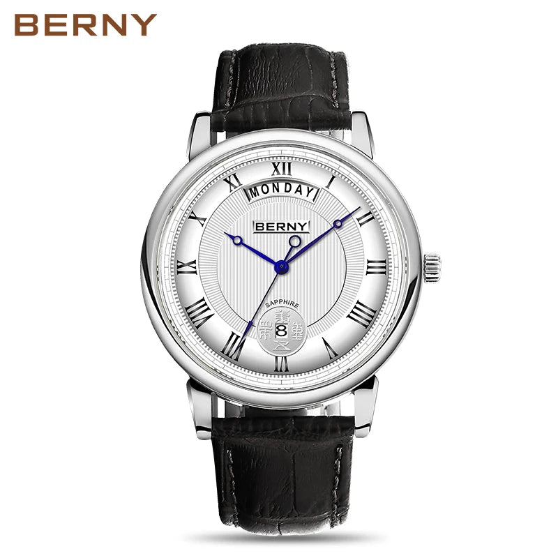 Montre à quartz pour homme BERNY, équipée d'un mouvement Miyota VJ55, modèle de luxe de haute qualité avec affichage du jour, boîtier en acier inoxydable, verre saphir et étanchéité.