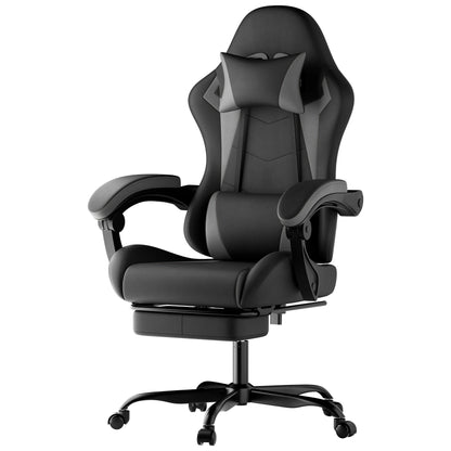 Comanlai Gaming Chair with Footrest Ergonomic High Back Computer Chair with Adjustable Headrest Lumbar Support PU Swivel Chair