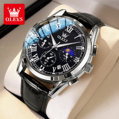 Montre à quartz pour homme OLEVS 2871 – Modèle de grande marque, étanche, style business, avec affichage des phases de lune, aiguilles luminescentes et bracelet en cuir.