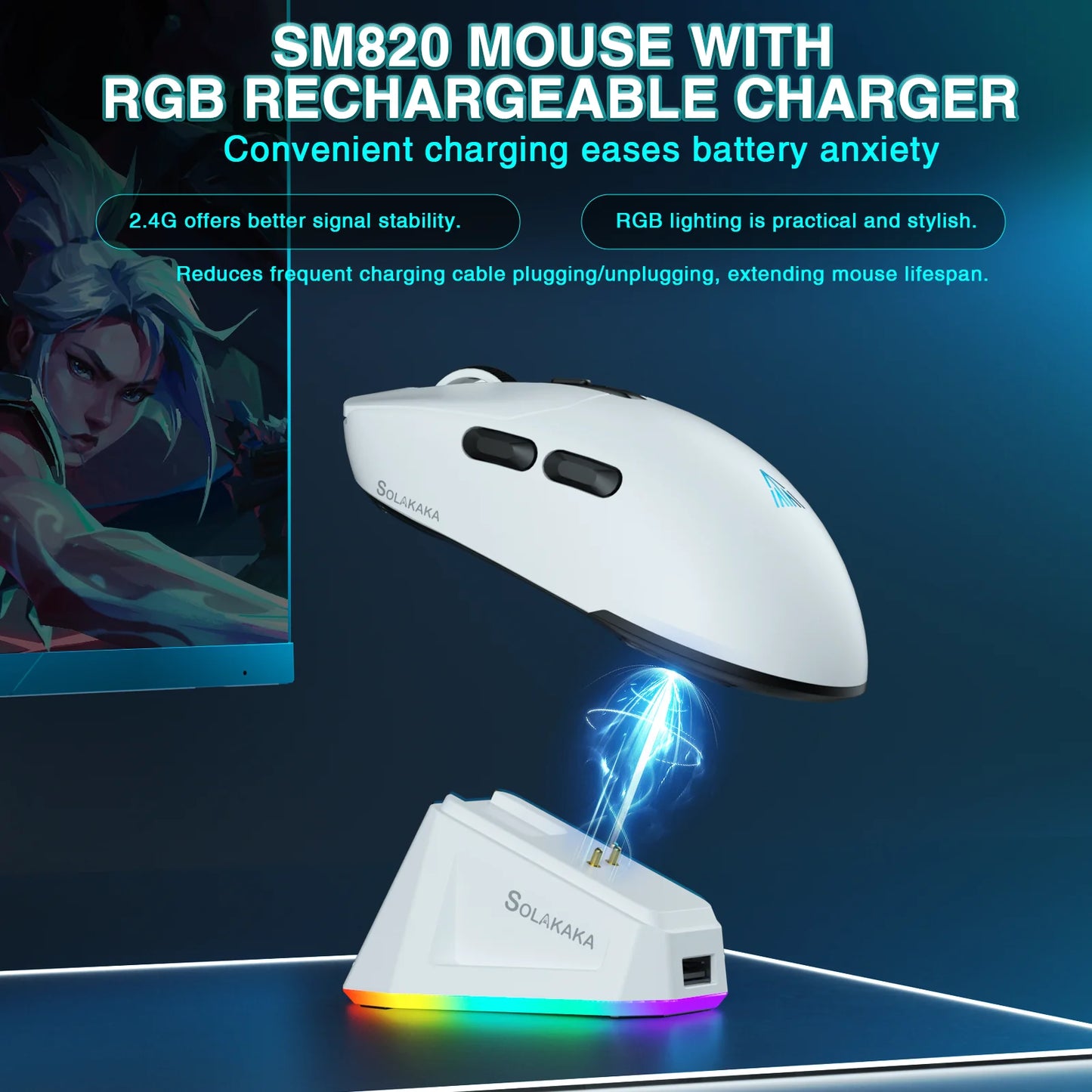 Mouse wireless tri-mode SOLAKAKA SM820 con dock di ricarica magnetico, RGB, PAW3311, 24000DPI, macro gaming, ultraleggero