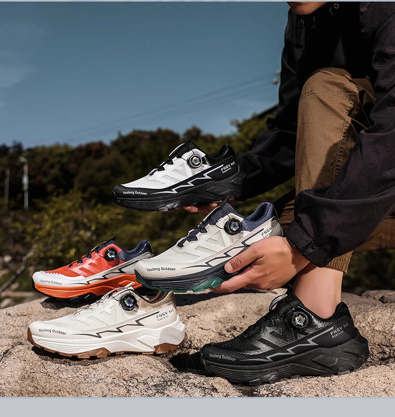 Outdoor Hiking Shoes for Men, Lightweight Trekking Shoes, Breathable Mesh Sneakers, Casual Walking Shoes, Rotating Buckle Design, Non-Slip and Wear-Resistant Trail Shoes, Suitable for Hiking and Camping, 2026 New Running Shoe