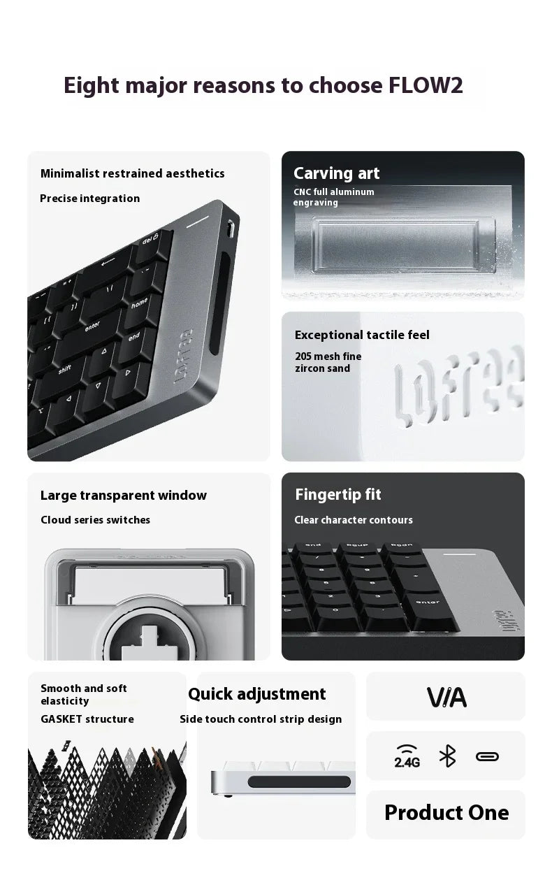 Tastiera meccanica Lofree FLOW2 Business Office, wireless Bluetooth e cablata, silenziosa con suono delicato, compatibile, mute, blocco in alluminio