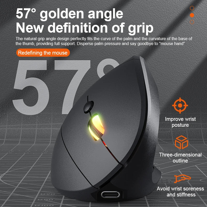 2.4G Bluetooth Wireless Vertical Mouse Rechargeable Ergonomic 1600DPI Adjustable Gaming Mouse 6Buttons for Laptop PC Computer