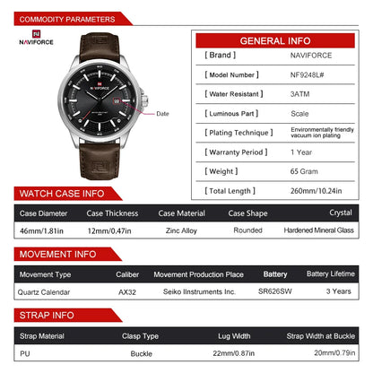 Naviforce 9248 Top Brand New Sport Wristwatch Luxury Military Auto Date Leather Simple Quartz Original Male Clock