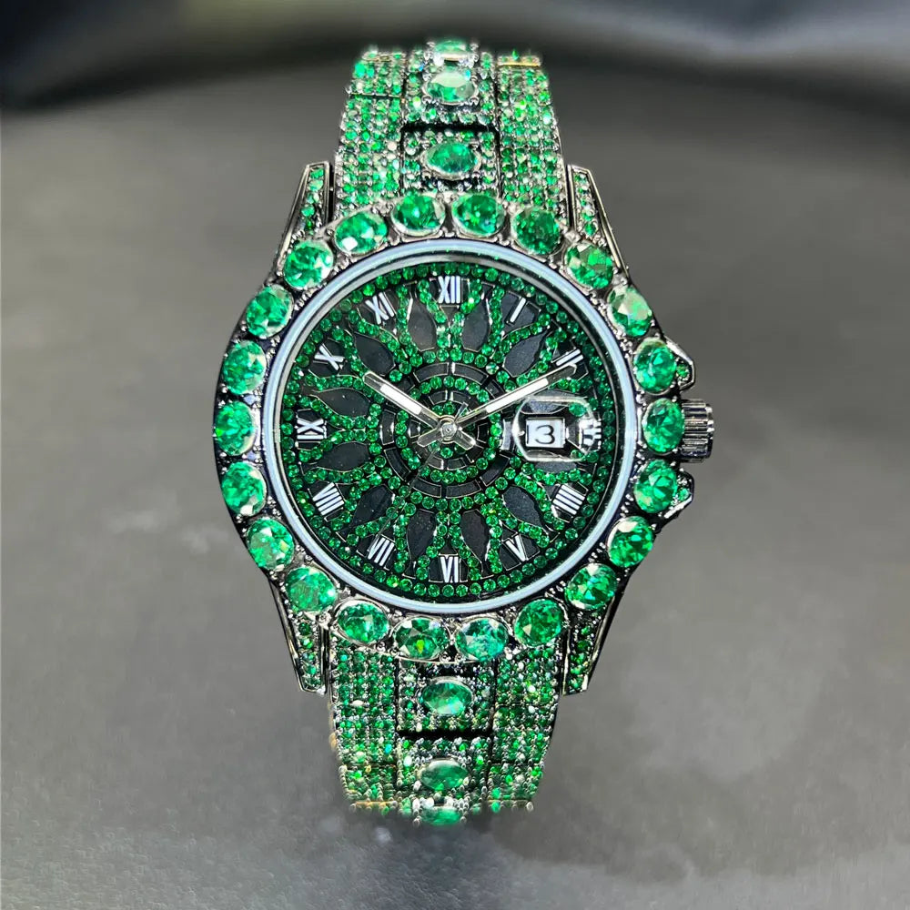 MISSFOX Fashion lced Out Silver Mens Watch Luxury Calendar Waterproof Watch For Man Hip Hop High Quality Big Diamond Wristwatch