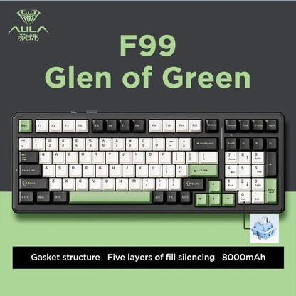 Teclado mecánico gaming Aula F99 de 99 teclas, tres modos: 2.4g inalámbrico, Bluetooth y cableado, hot swap, PBT, gasket y RGB para juegos y escritura