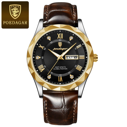 POEDAGAR men’s watch, original luxury model: water-resistant, luminescent, with date and day display. A classic, professional-style quartz watch, featuring a leather strap.