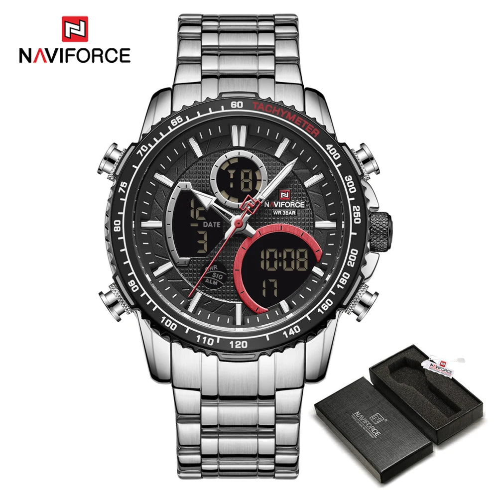 NAVIFORCE Men’s Sports Watch – Original luxury stainless steel wristwatch, water-resistant military-style model with dual display