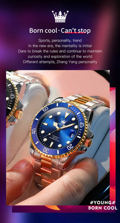 OLEVS 6650 Men Watch Classic Original Automatic Mechanical Watch For Man Zircon Scale Waterproof Luminous Stainless Steel Watch