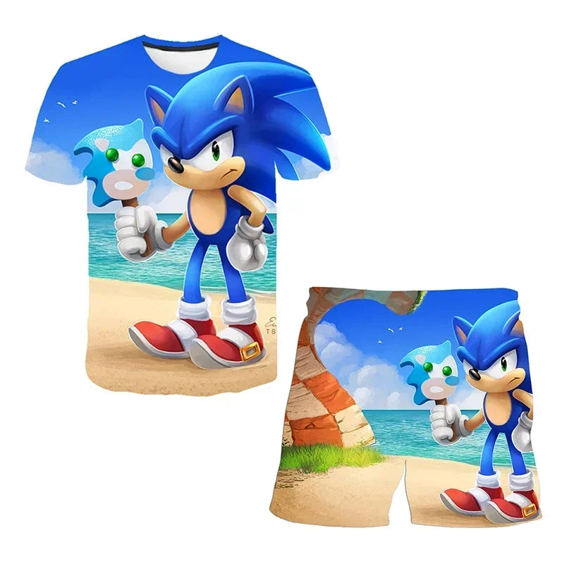 Fashion 3D Anime Children's T-shirt Set Sonic The Hedgehog Top Short Sleeve + Shorts Two-piece Set Girls Boys Cosplay Costume