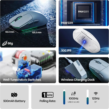 AJAZZ AJ139 V2 MC/AJ139 PRO vezeték nélküli gaming egér PAW3311/PAW3395 szenzorral, 12000DPI/26000DPI, 500mAh, Bluetooth gamer egér PC-hez