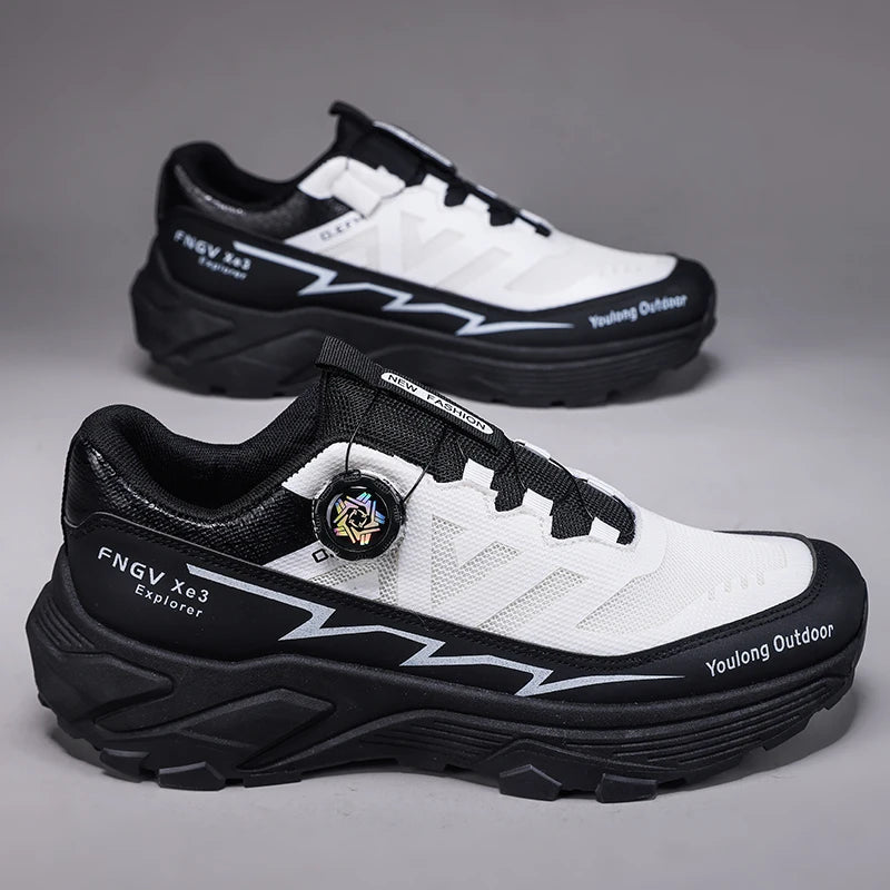 Outdoor Hiking Shoes for Men, Lightweight Trekking Shoes, Breathable Mesh Sneakers, Casual Walking Shoes, Rotating Buckle Design, Non-Slip and Wear-Resistant Trail Shoes, Suitable for Hiking and Camping, 2026 New Running Shoe