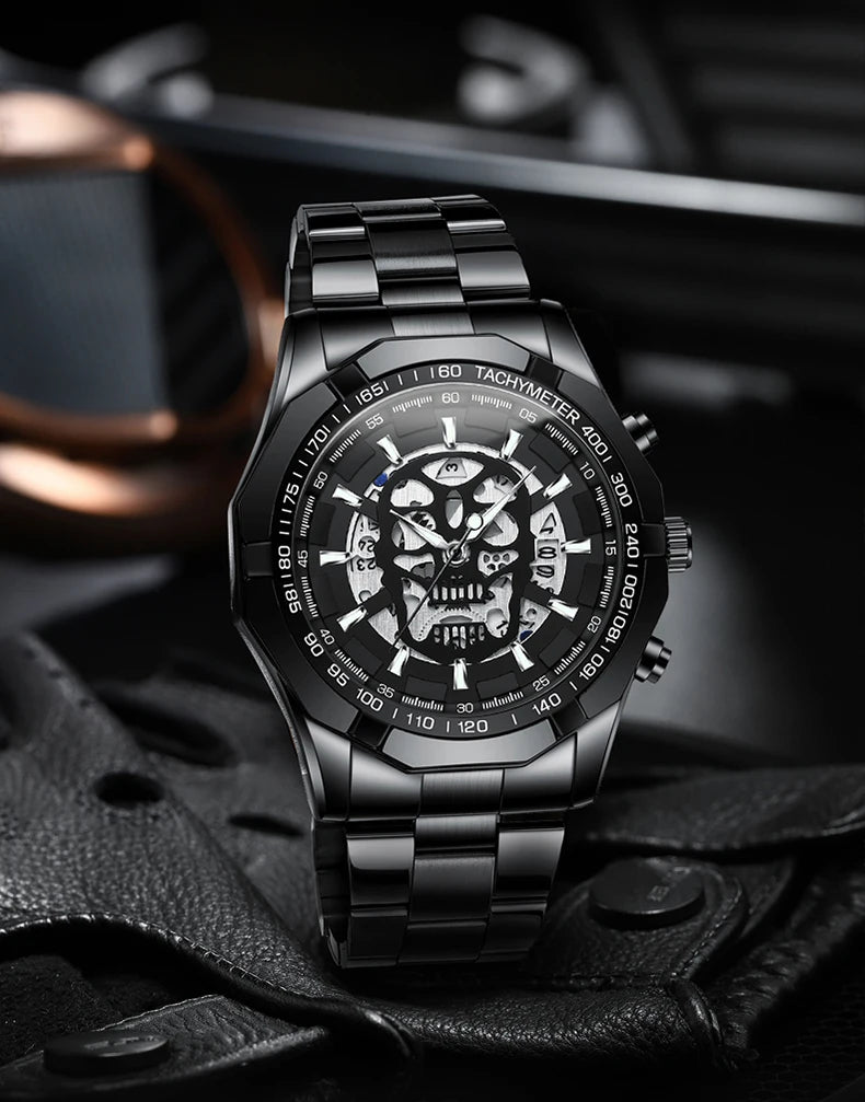 BINBOND-polshorloge voor heren, met skelet-schedelmotief, nauwkeurig quartz-uurwerk, luxueus, verlicht, waterdicht, met automatische datumweergave, robuust.