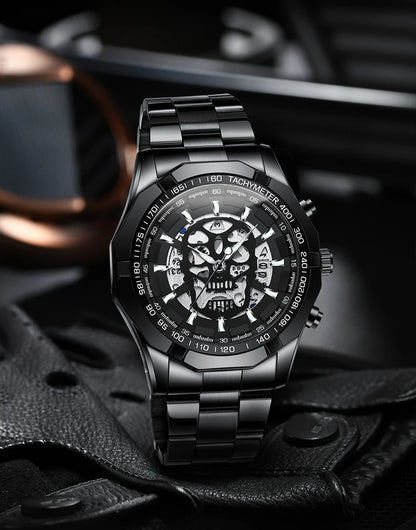 BINBOND-polshorloge voor heren, met skelet-schedelmotief, nauwkeurig quartz-uurwerk, luxueus, verlicht, waterdicht, met automatische datumweergave, robuust.