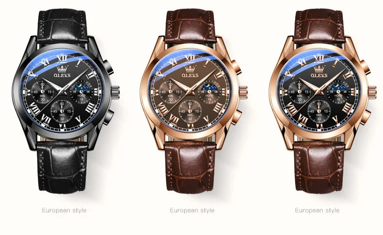 Montre à quartz pour homme OLEVS 2871 – Modèle de grande marque, étanche, style business, avec affichage des phases de lune, aiguilles luminescentes et bracelet en cuir.